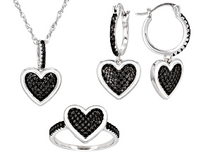 Black Spinel Rhodium Over Sterling Silver Pendant with Chain, Ring, and Earrings Set 1.86ctw