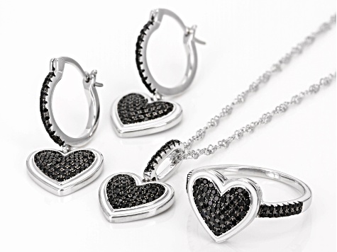 Black Spinel Rhodium Over Sterling Silver Pendant with Chain, Ring, and Earrings Set 1.86ctw