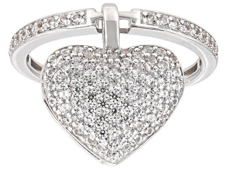 White Zircon Rhodium Over Sterling Silver Heart Dangle Ring
