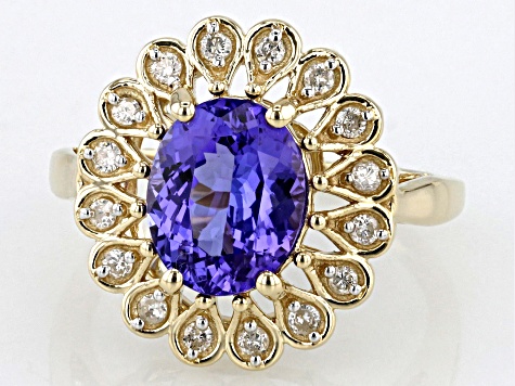 Blue Tanzanite with White Diamond 10K Yellow Gold Ring 2.74ctw