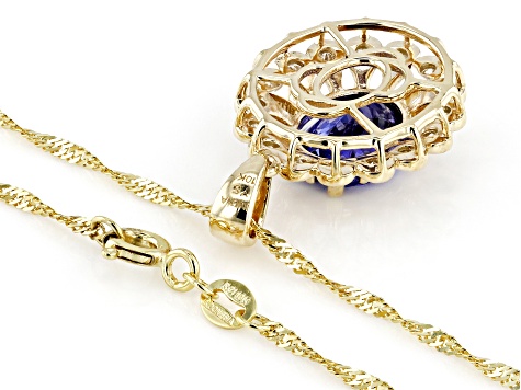 Blue Tanzanite with White Diamond 10K Yellow Gold Pendant with Chain 2.74ctw