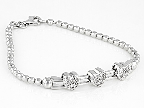 White Lab Created Sapphire Rhodium Over Sterling Silver "Heart" Bracelet 0.33ctw