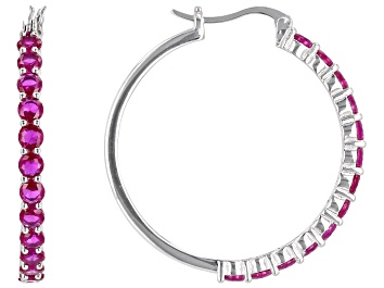 Picture of Red Lab Created Ruby Rhodium Over Sterling Silver Hoop Earrings 3.20ctw