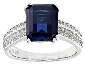 Blue Lab Created Sapphire Rhodium Over Sterling Silver Ring 4.21ctw
