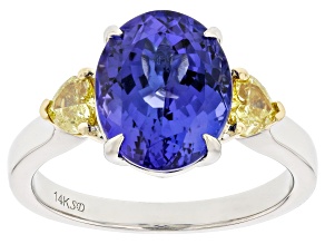 Blue Tanzanite with Yellow Diamond Rhodium Over 14K White Gold Ring 4.56ctw