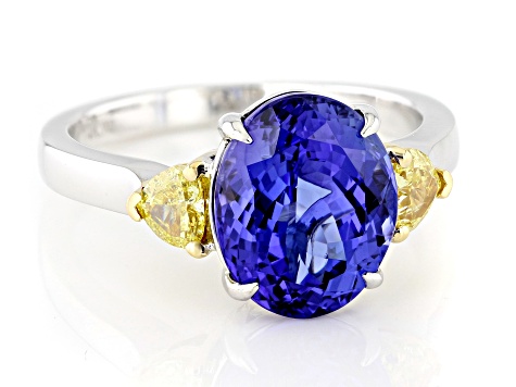 Blue Tanzanite with Yellow Diamond Rhodium Over 14K White Gold Ring 4.81ctw