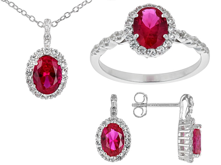 Ruby Red Lab Created Ruby Rhodium Over Silver Ring, Earrings, and