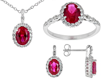 Picture of Lab Created Ruby Rhodium Over Sterling Silver Ring, Earrings, and Pendant with Chain Box Set 5.37ctw
