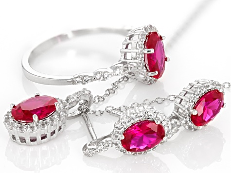 Red Lab Created Ruby Rhodium Over Silver Ring, Earrings, and