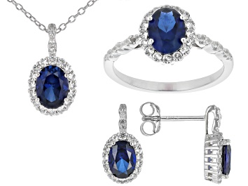 Picture of Blue Lab Created Sapphire Rhodium Over Sterling Silver Ring, Earrings & Pendant w/ Chain Box Set