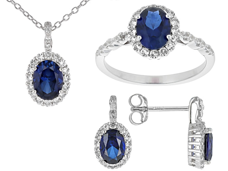 Blue Lab Created Sapphire Rhodium Over Sterling Silver Ring, Earrings &  Pendant w/ Chain Box Set