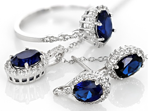 Blue Lab Created Sapphire Rhodium Over Sterling Silver Ring, Earrings &  Pendant w/ Chain Box Set - DOK3233 | JTV.com