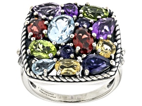 Multi-Color Multi-Gem Sterling Silver Oxidized Ring 4.48ctw