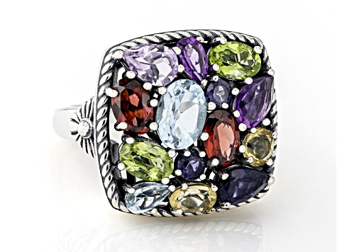 Multi-Color Multi-Gem Sterling Silver Oxidized Ring 4.48ctw