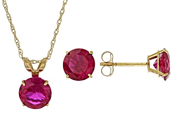 Picture of Red Lab Created Ruby 10k Yellow Gold Earrings and Pendant with Chain Set 2.70ctw
