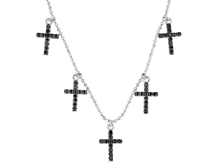 Black Spinel Rhodium Over Sterling Silver Charm Necklace