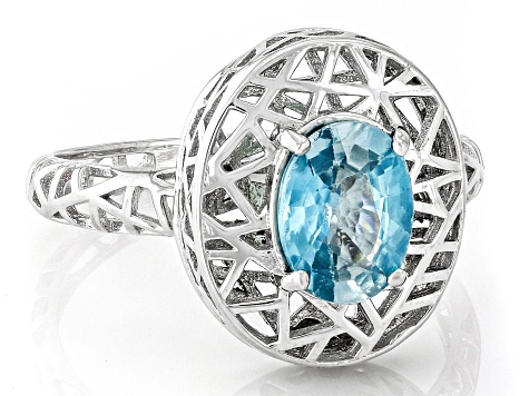 Blue Zircon Rhodium Over Sterling Silver Ring 1.60ctw