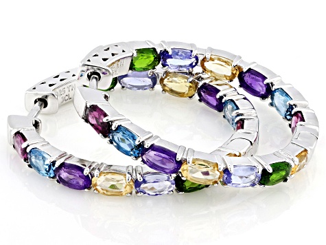 Multi-Color Multi-Stone Rhodium Over Sterling Silver Hoop