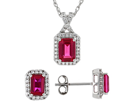Lab Created Ruby Rhodium Over Sterling Silver Pendant with Chain and Earrings Set