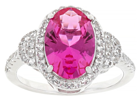 Pink Lab Created Sapphire Rhodium Over Sterling Silver Ring  display picture 1