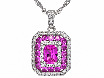 Picture of Pink Lab Created Sapphire Rhodium Over Sterling Silver Pendant with Chain