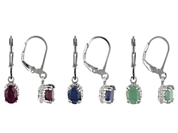 Picture of Ruby, Sapphire, And Emerald Rhodium Over Silver Earrings Set Of 3 5.00ctw
