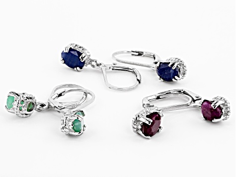 Ruby, Sapphire, And Emerald Rhodium Over Silver Earrings Set Of 3 5.00ctw