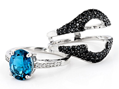 London Blue Topaz Rhodium Over Sterling Silver Ring Set of 2 4.39ctw