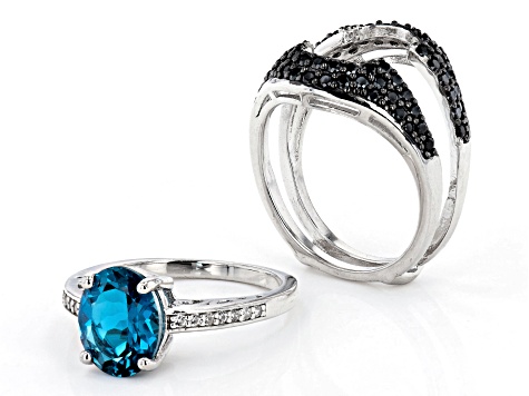 London Blue Topaz Rhodium Over Sterling Silver Ring Set of 2 4.39ctw