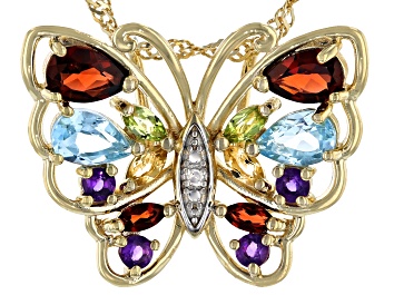 Picture of Multi Gemstone 18k Yellow Gold Over Sterling Silver Butterfly Pendant With 18" Chain 1.67ctw