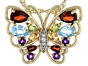 Multi Gemstone 18k Yellow Gold Over Sterling Silver Butterfly Pendant With 18" Chain 1.67ctw