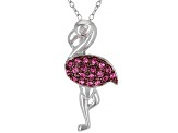 Pink Crystal Rhodium Over Sterling Silver Flamingo Pendant With Chain