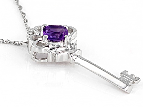 Purple Amethyst Rhodium Over Sterling Silver Key Pendant With Chain 0.46