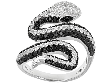 Black Spinel With White Zircon Rhodium Over Sterling Silver Snake 