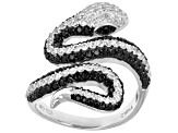 Black Spinel With White Zircon Rhodium Over Sterling Silver Snake Ring 1.87ctw