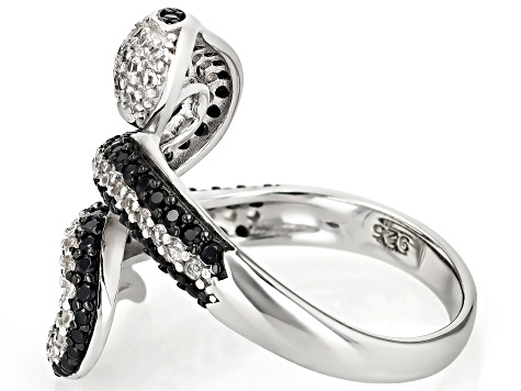 Black Spinel With White Zircon Rhodium Over Sterling Silver Snake Ring 1.87ctw