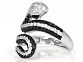 Black Spinel With White Zircon Rhodium Over Sterling Silver Snake Ring 1.87ctw