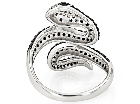 Black Spinel With White Zircon Rhodium Over Sterling Silver Snake Ring 1.87ctw