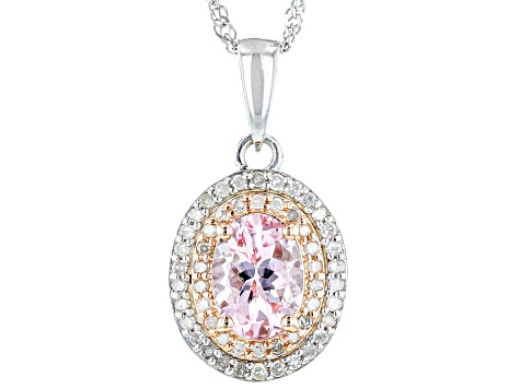 Peach Morganite Rhodium Over 10K White & Rose Gold Accent Pendant with Chain 0.94ctw