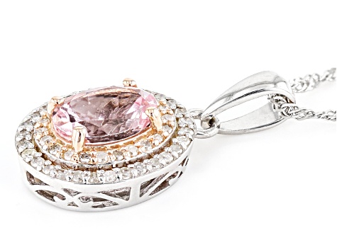 Peach Morganite Rhodium Over 10K White & Rose Gold Accent Pendant with Chain 0.94ctw
