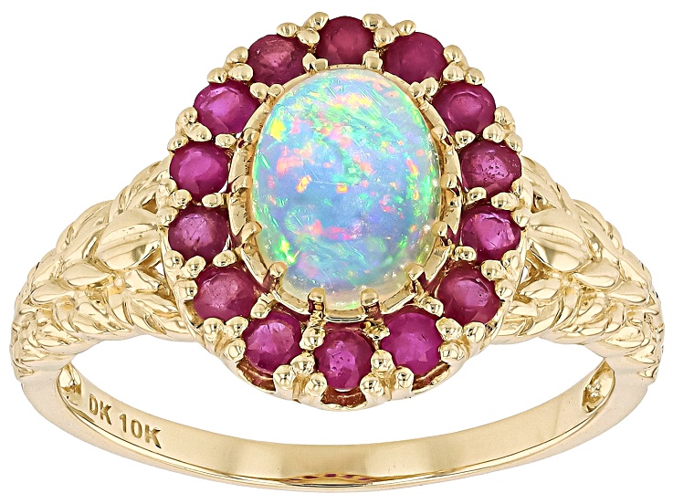 Opal And Ruby 10k Yellow Gold Ring 0.50ctw