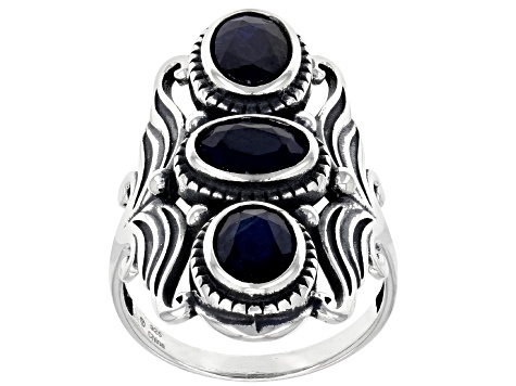 Blue Sapphire Rhodium Over Sterling Silver 3 Stone Ring 1.75ctw