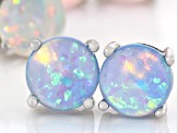 White, Pink, and Blue Lab Created Opal Rhodium Over Sterling Silver Set of 3 Stud Earrings 6mm Round