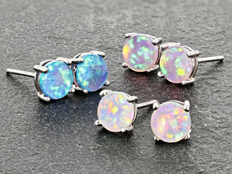 White, Pink, and Blue Lab Created Opal Rhodium Over Sterling Silver Set of  3 Stud Earrings 6mm Round