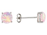 White, Pink, and Blue Lab Created Opal Rhodium Over Sterling Silver Set of 3 Stud Earrings 6mm Round