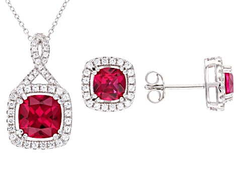 Red  Lab Created Ruby Rhodium Over Sterling Silver Jewelry Set 5.24ctw