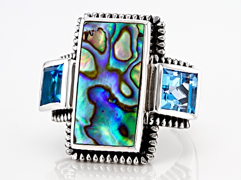 Multi Color Abalone Shell Rhodium Over Sterling Silver Ring 3.74ctw