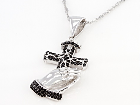 Black Spinel Rhodium Over Sterling Silver Cross Pendant With Chain 0.76ctw