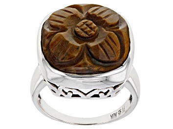 Picture of Tigers Eye Rhodium Over Sterling Silver Craved Flower Ring