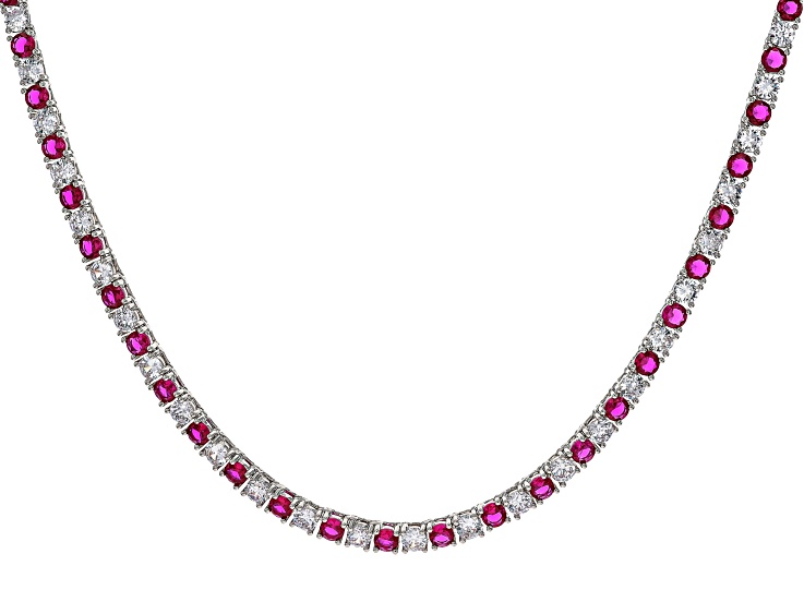 Red And White Cubic Zirconia Rhodium Plated Tennis Necklace 47.73ctw